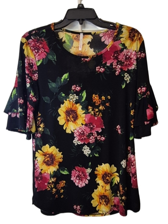 Lime N Chili Tops - Lime N Chili Floral Black Ruffle Short Sleeve Top Sz Large